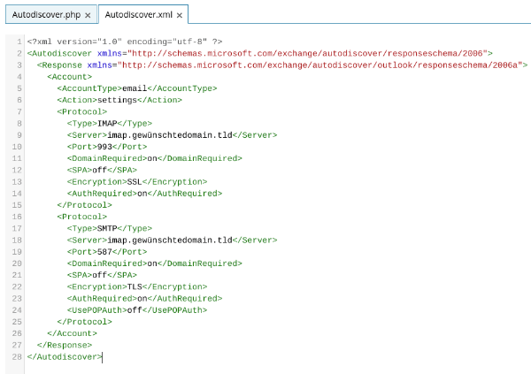 Screenshot Code: Autodiscover.xml bearbeiten für die Autokonfiguration von Mailclients mit Plesk